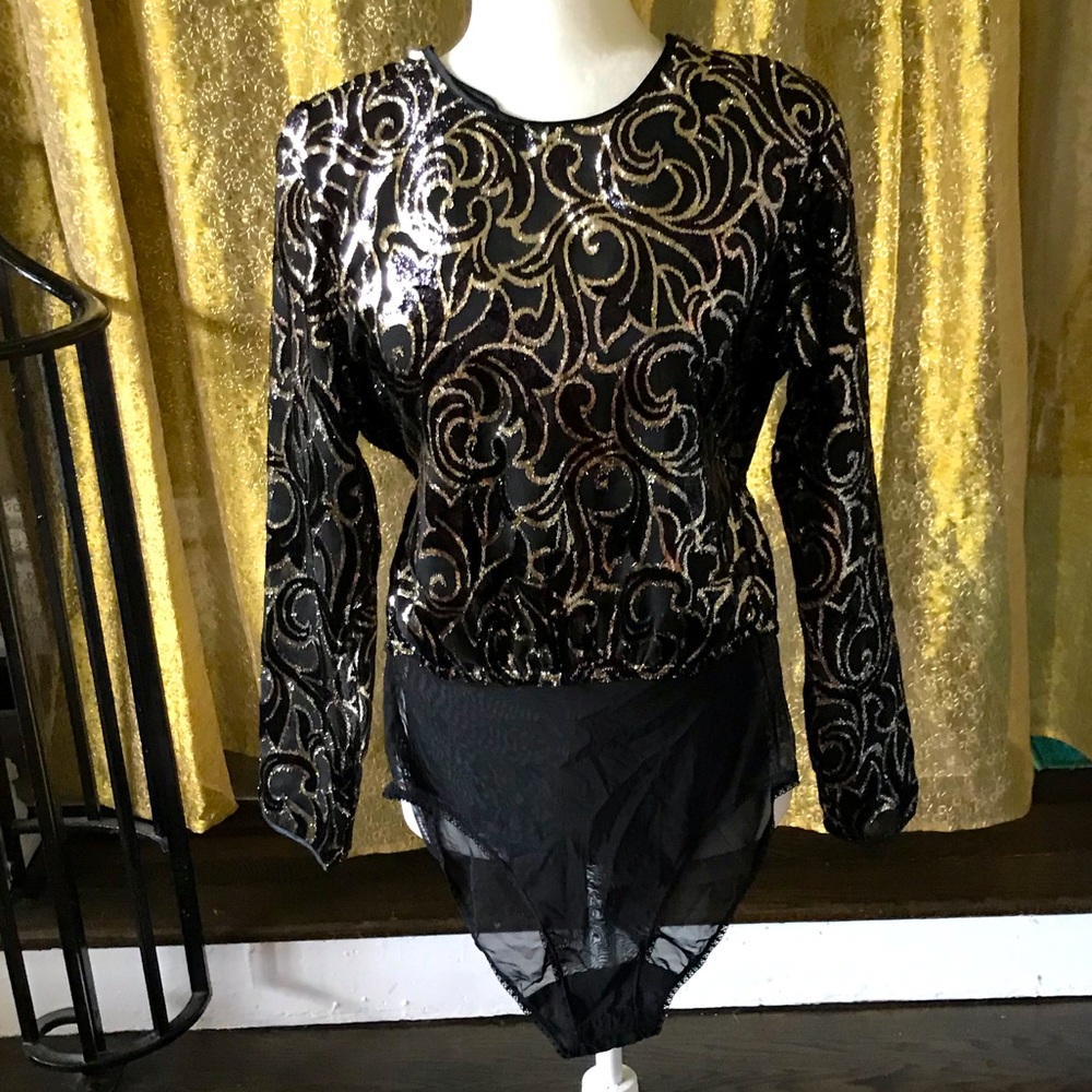 Beautiful Josie Natori black gold brocade bodysuit